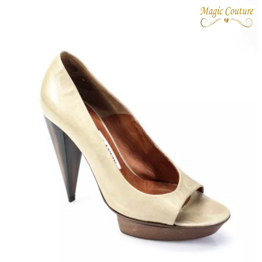 Lanvin Tapered Wood Heel Open Toe Platform Pump🤍💛🤍
